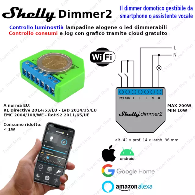 SHELLY DIMMER 2 WIFI luminosità luci SMART DOMOTICA ALEXA GOOGLE HOME trimmer