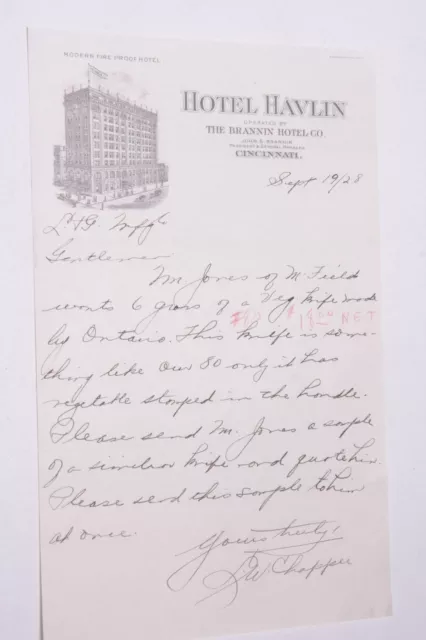 1928 Lamson Goodnow Hotel Havlin Cincinnati OH Letter Ephemera L937H