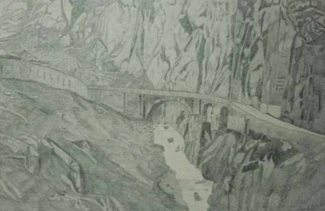 BLEISTIFT ZEICHNUNG Brücke Alpen Schweiz vor 1910 ca. 19 x 13,5 cm Karl Ehlers