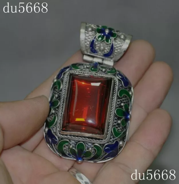 Collect Chinese Tibet silver Cloisonne inlay gem flower statue jewelry Pendant