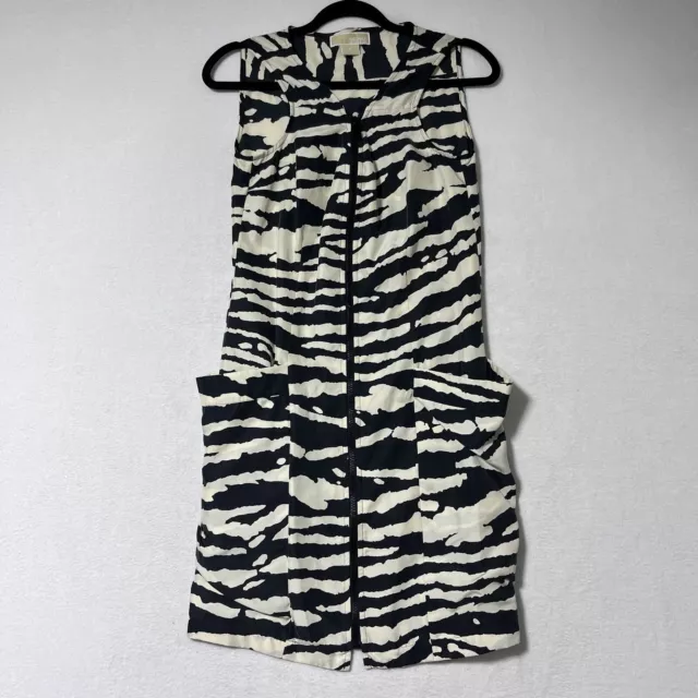 Michael Kors 100% Silk Black White Zebra Print Sheath Dress Full Zip Front Sz 4