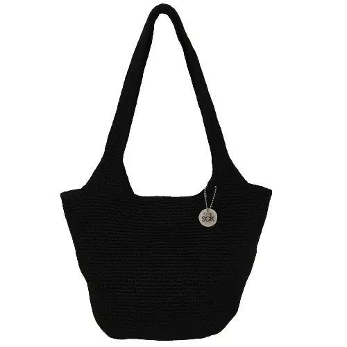 The Sak Crochet Woven Bucket Black Shoulder Bag Purse Tote Hobo Boho w/ Charm