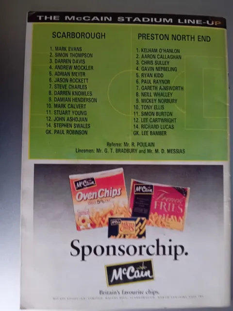 Football Programme: Scarborough v Preston North End 21st August 1993
