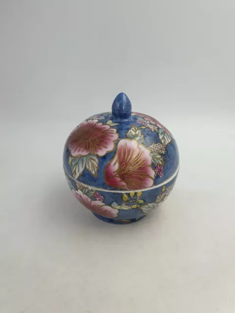 Pot Décoratif Vintage Dôme En Porcelaine Chinoise Couvercle Plat Peint À La Main Bleu Floral