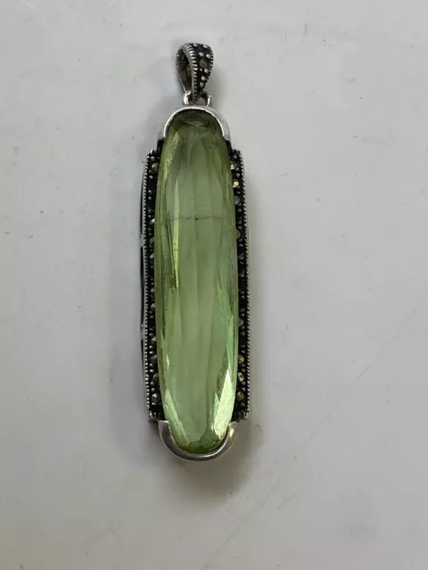 Vintage Sterling Silver 925 Green Gem Stone & Marcasite Pendant  C6