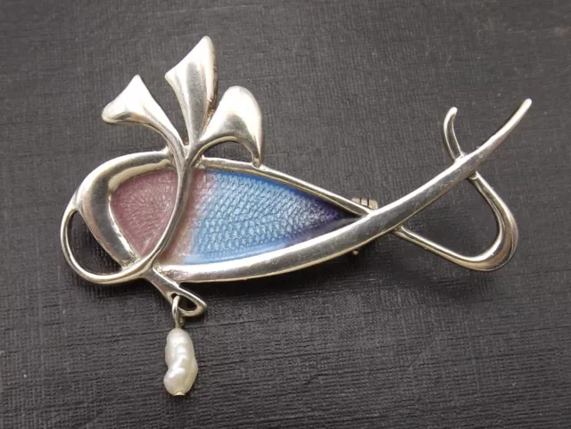 Sterling silver and enamel Brooch by Pat Cheney fish or whale design with pearl 2