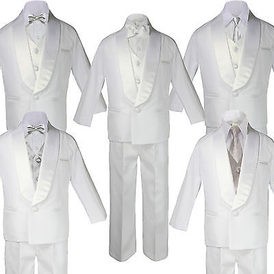 5-7pc Boy White Formal Shawl Lapel Suit Tuxedo SILVER Satin Bow Necktie Vest