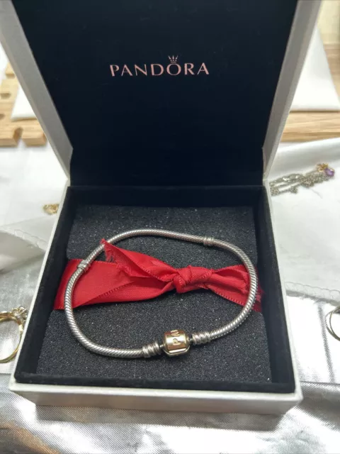 PANDORA 14K Solid Gold Clasp Snake Chain Bracelet About 7.5 Inches