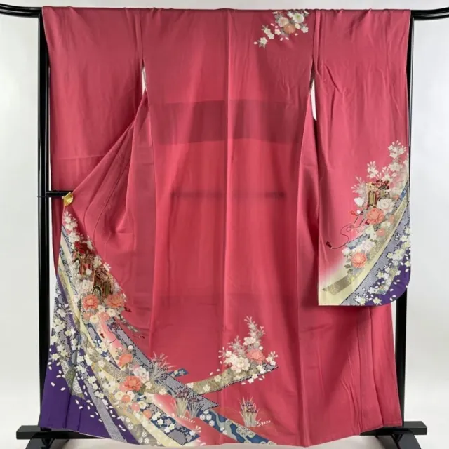 Japanese Kimono Furisode Pure Silk An Ox Drawn Coach Flower Gold Paint Pink