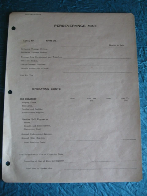 1900's Alaska Perserverance Mine Juneau Alaska Daily Accounting Page Unused