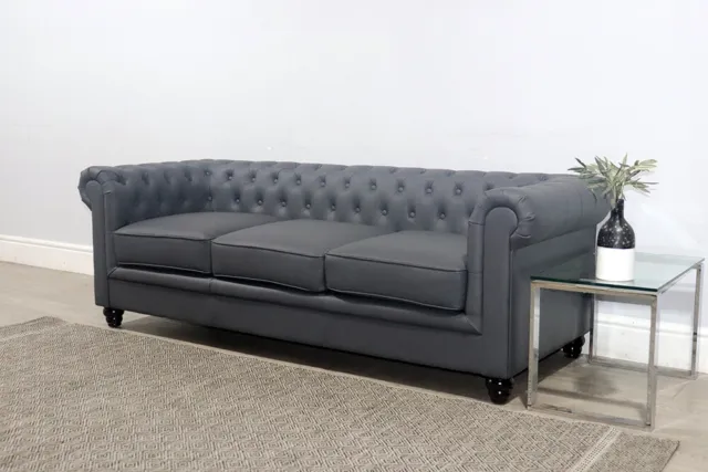 CLEARANCE - Hampton 3 Seater Chesterfield Sofa, Grey Faux Leather - T12887