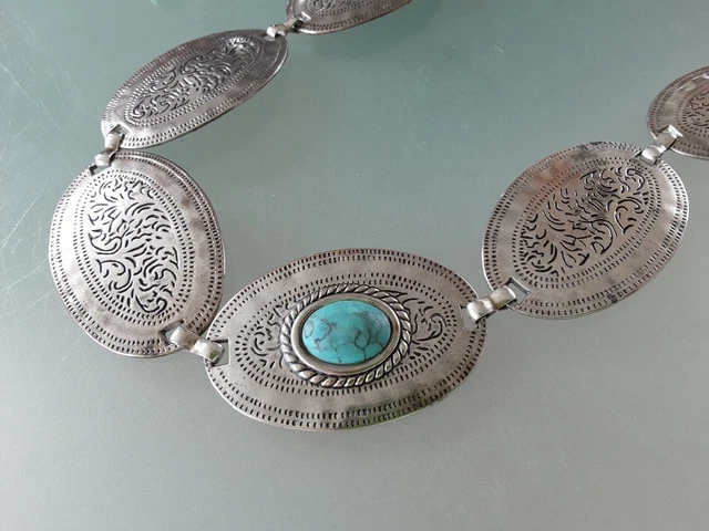 Cintura Catena Vintage placcata argento finto turchese navahoe incise maglie ovali
