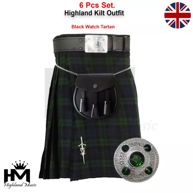 Men Scottish Outfit Set Black Watch Highland Tartan Kilt 5 Yards With Sporran