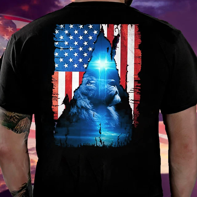 American Flag Lion Of Judah Faith Believe Strong Christian Cross Jesus God Shirt