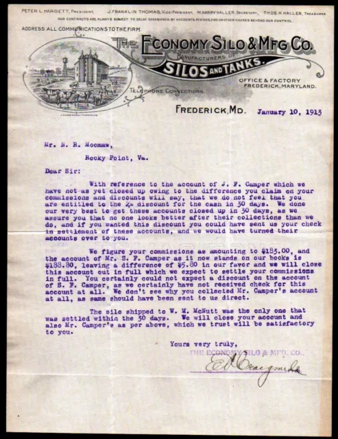 1913 Frederick Md - Economy Silo & Mfg Co - Silos & Tanks Rare Letter Head Bill