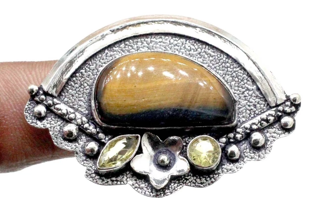 925 Sterling Silver Tiger's Eye & Citrine Gemstone Jewelry Ring (US) Size-7''