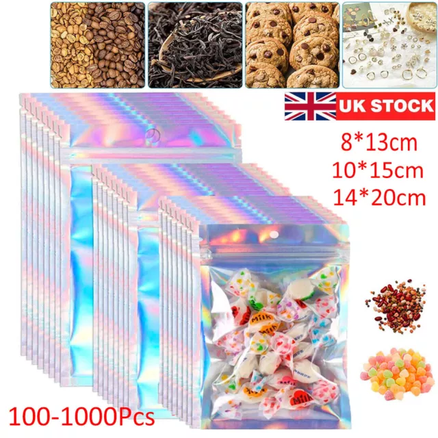 1000Pcs Holographic Rainbow Zip Lock Bags Clear Zip Seal Mylar Bags Foil Pouches