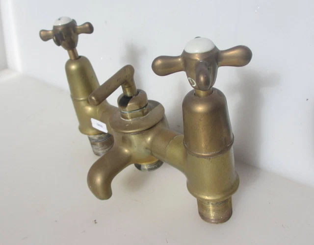 ANTIQUE BRASS SINK Mixer Taps Old Porcelain Caps Basin Victorian
