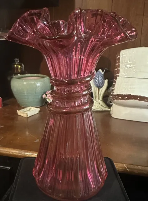 Vtg Fenton Art Glass Red Country Cranberry Ruffled Edge Wheat Vase