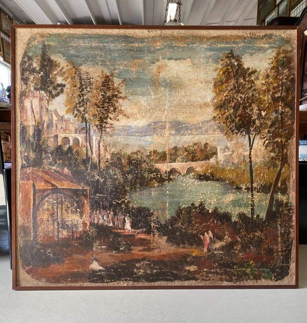 ANTICO GRANDE STRAPPO di DIPINTO AFFRESCO SCENA PROCESSIONE PAESAGGIO LAGO '800