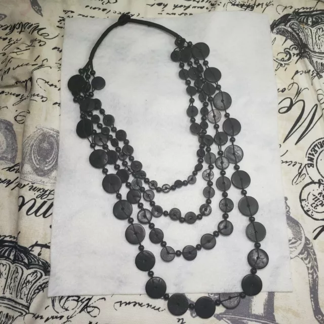 Womens Black Flat Round Wood Bead Multi Strand Graduated Necklace 31"
