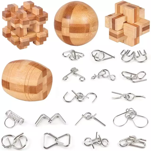 Brain Teaser Puzzle 20Pcs Unlock Interlock Game IQ Test Wooden Toy 3D Unlock