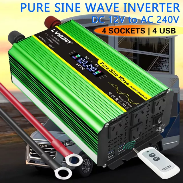 2000W 4000W Pure Sine Wave Power Inverter Converter DC 12V to AC 240V 4USB 4AC