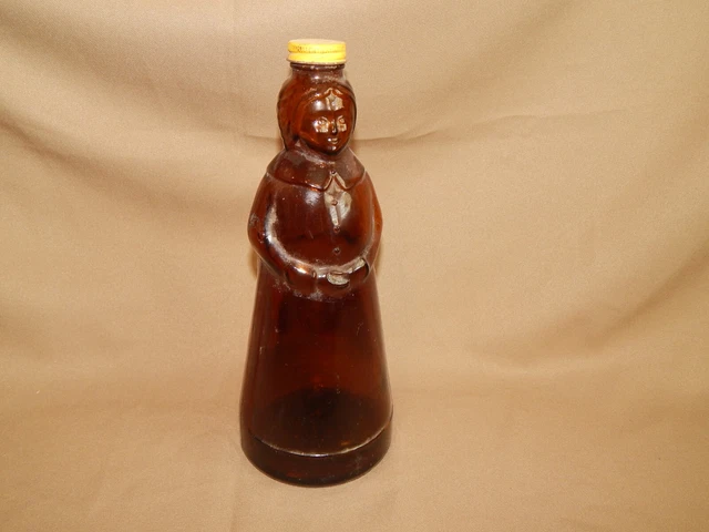 Vintage Aunt Mrs. Butterworth 10” Amber Glass Syrup Bottle with Metal Lid