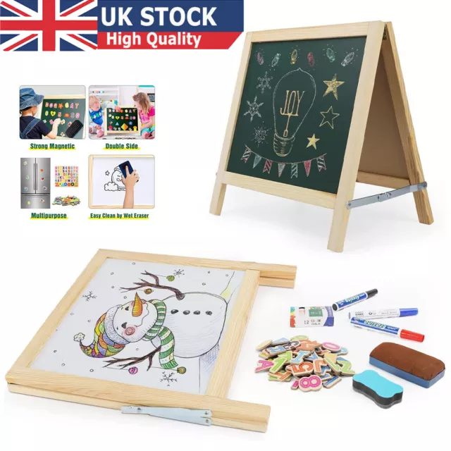 2 in 1 Kid Easel Wooden Blackboard Whiteboard Child Drawing Art Chalk Board UK