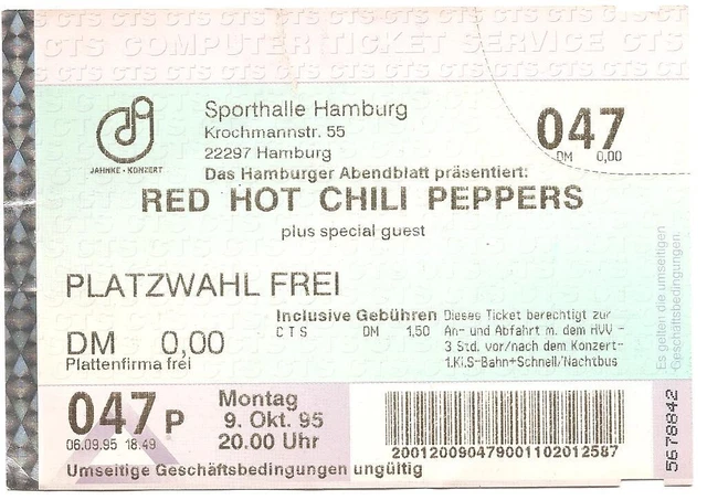 Red Hot Chili Peppers   Tour 1995 Hamburg  Eintrittskarte- Ticket - Konzertkarte