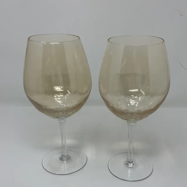 Set of 2 Amber Crackle Glass Pier 1 Red Wine Balloon Stemware Drinking  Glasses