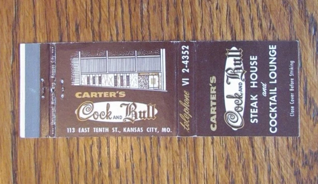 Kansas City, Missouri Matchbook Cover: Carter's Cock & Bull Steak Matchcover -C