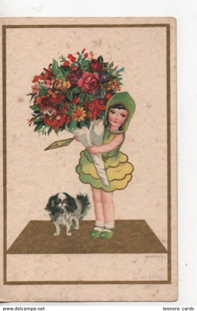 CPA.Illustrateur signé.à identifier.petite fille en vert avec énorme bouquet de