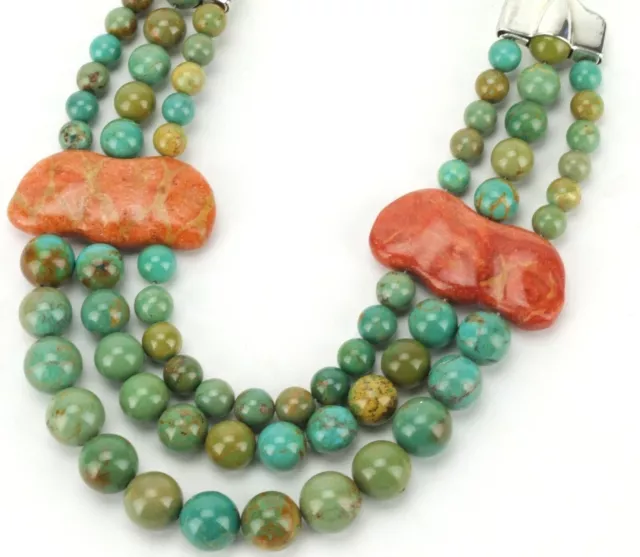 JAY KING DTR Green Turquoise Coral Sterling 3 Strand Bib Necklace 106 ...