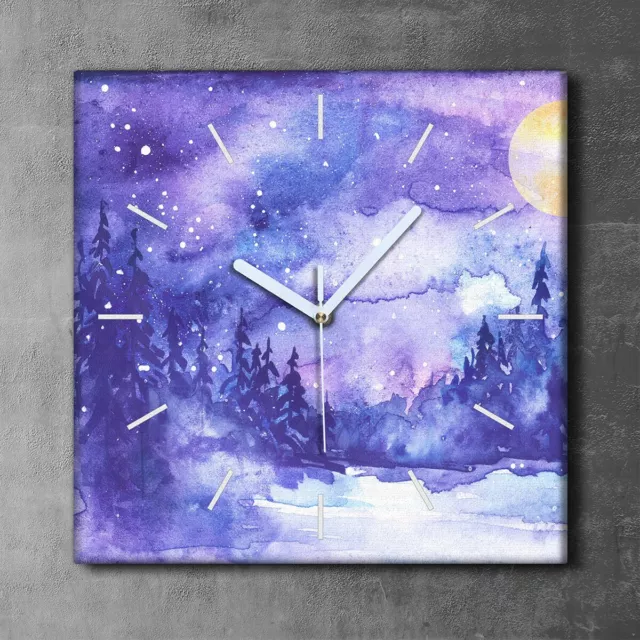 Orologio su tela stampa foto pittura da parete luna viola alberi da neve foresta stelle cielo