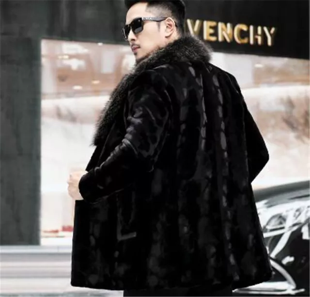Mens Real Mink Fur Motor Jacket Coat Thick Fox Fur Collar Coats Parka Outwear