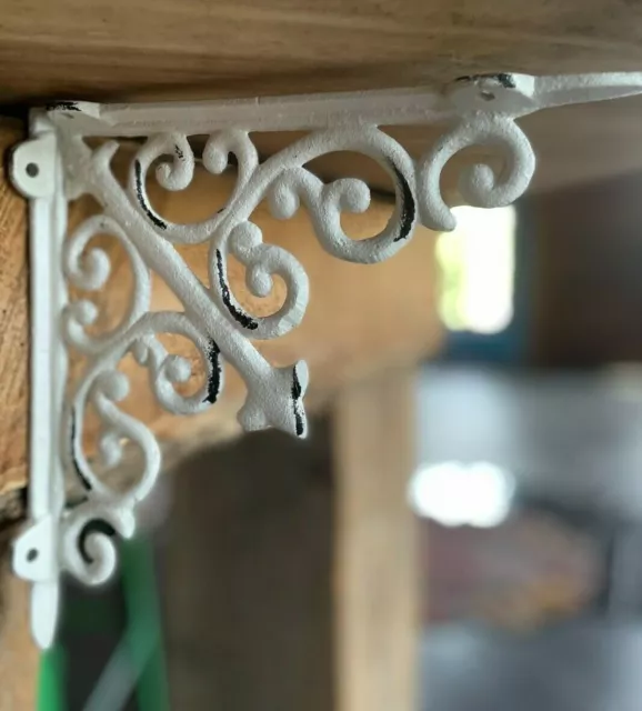 Pair 2 Antique-Vintage-White Ornate Cast Iron Shelf Brackets Wall Brackets NEW
