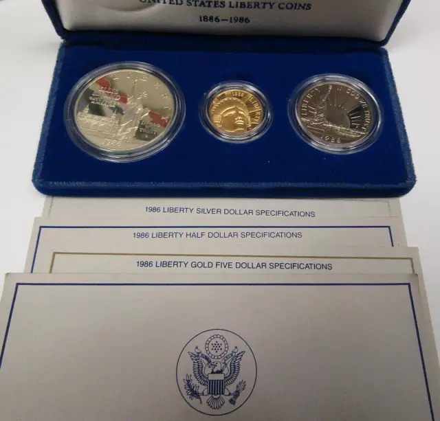 1986 U.S. Mint Statue of Liberty $5 Gold $1 Silver & Half Dollar Coin Proof Set