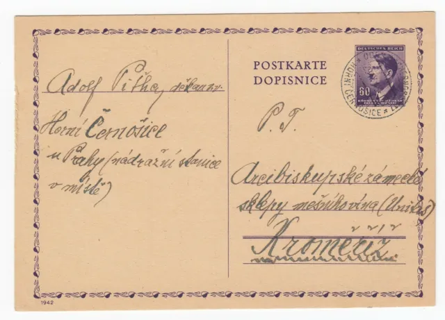 Böhmen & Mähren Postkarte Obertschernositz Horní Černošice nach Kroměříž 1943