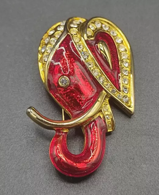 Bijou Vintage Broche avec éléphant émail rouge et strass