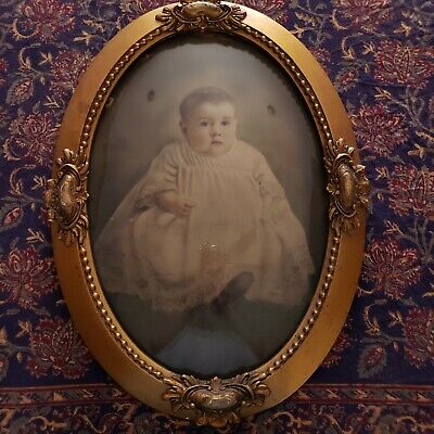 Antique Gesso Photo Bubble Dome Glass Frame Convex Picture Portrait Ornate Baby