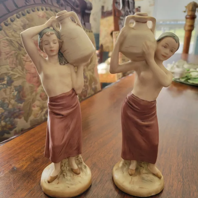 Pair of Royal Dux Porcelain Water Carrier Figures 8" Tall with Triangle "E" Mark