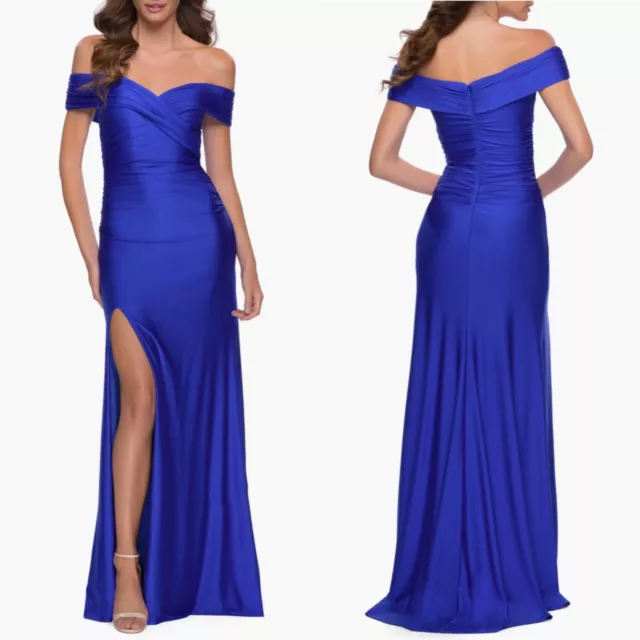 NEW LA FEMME Royal Blue SATIN Ruched OFF THE SHOULDER Stretch Jersey GOWN 00