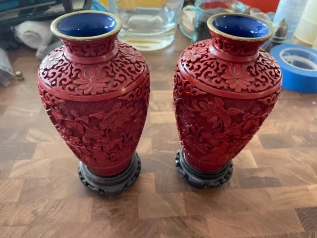 Cinnabar Chinese Carved Red Lacquer Blue Enamel Brass Vase •Floral Design Pair