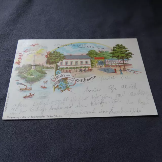 Selten: AK Litho : Gruss aus Schildhorn, J. Rieger's Restaurant Spandau, 1898