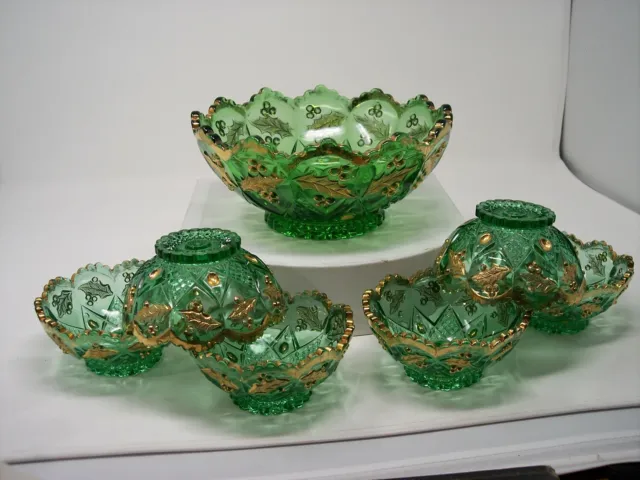 Northwood PANELED HOLLY Emerald Green Berry Bowl Set 1 master 6 bowls Gilded