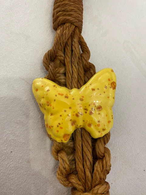 Macrame Jute Plant Hanger HANGING POT HOLDER 60” Ceramic Yellow BUTTERFLY