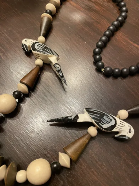 Vintage Parrot Necklace Hawaiian Wooden Beaded Brown & Black Summer Beach Carved