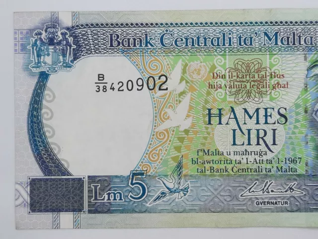 1994 - Bank Centrali Ta' Malta - 5 (Five) Liri Banknote, Serial No. B38 420902 3