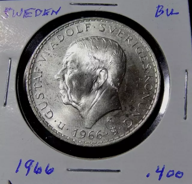 1966 Sweden  5 Kroner  Km-839 Silver BU World Swedish Coin